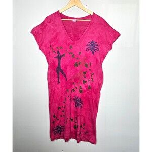 Vtg BIG SHIRT Midi Dress One Size VNeck Pink Short Sleeve 100% Cotton Artsy Boho